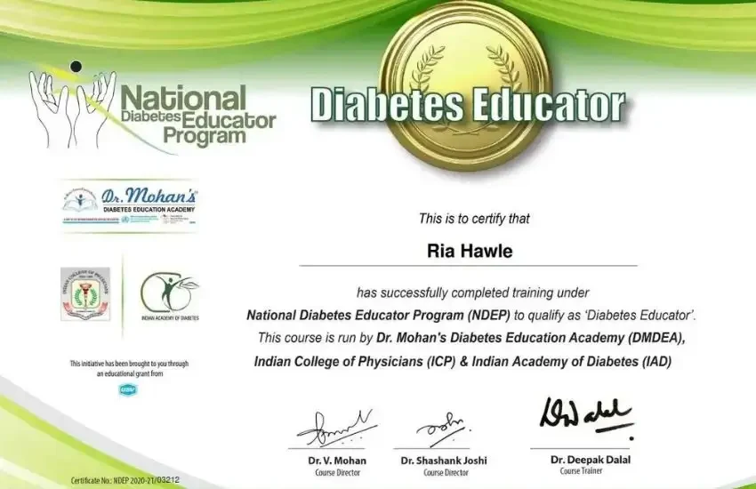 Certificate - Dietitian Ria Hawle - Diabetes Educator Program