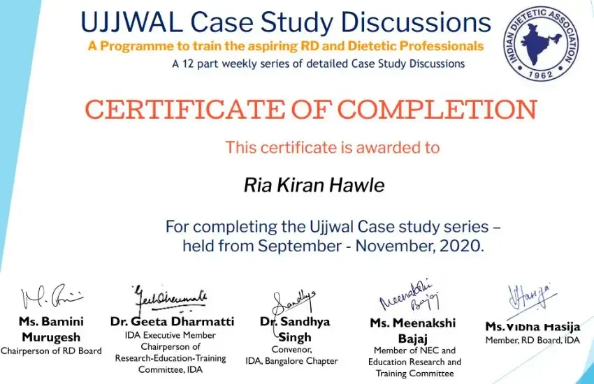 UJJWAL Case Study Certificate of Dt. Ria Hawle - Indian Dietetics Association